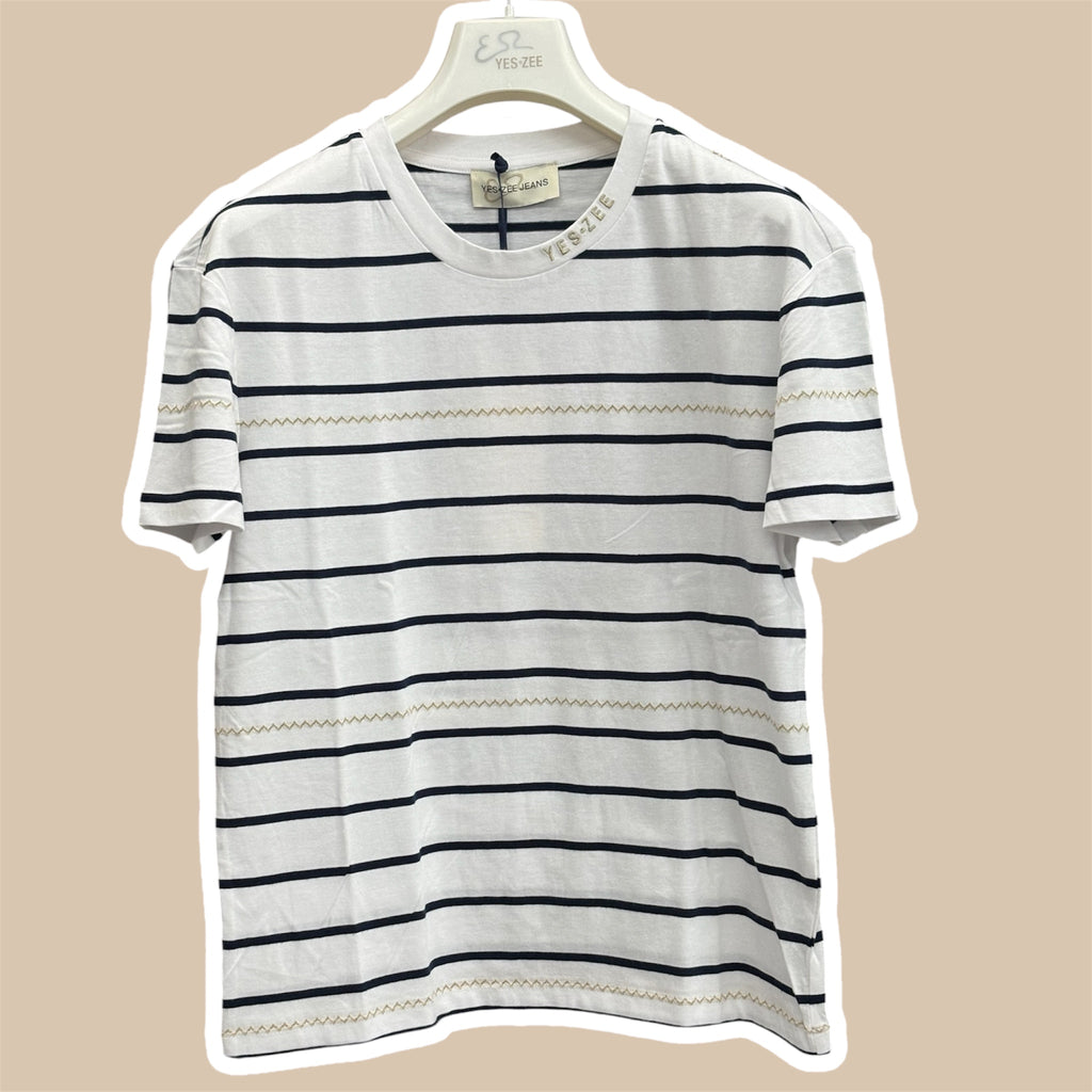 T-shirt donna ricamo e righe YES ZEE